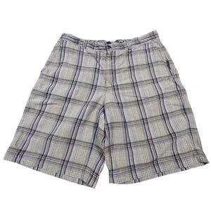 Tommy Bahama Plaid Shorts Tan Blue Linen Silk Blend‎ Flat Front Mens 36